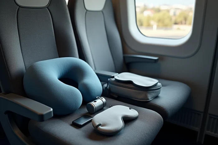 Accessoires indispensables pour dormir confortablement dans un bus Blablacar posés sur un siège de car