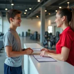 Adolescent de 16 ans s'inscrivant dans une salle de sport moderne auprès d'une réceptionniste