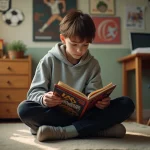 Adolescent de 14 ans lisant le manga Blue Lock dans sa chambre avec des posters de football au mur