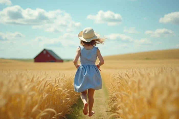 Adolescente en robe vichy bleue courant pieds nus dans un champ de blé doré sous un ciel ouvert, paysage de prairie américaine évoquant l'univers de La Petite Maison dans la Prairie