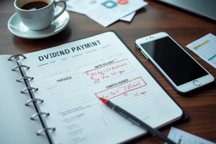 Agenda financier avec dates de dividendes entourées en rouge sur un bureau de travail