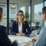 Agent immobilière spécialisée conseillant un couple d'investisseurs dans une agence immobilière moderne
