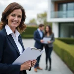 Agent immobilier présentant un projet immobilier à un couple devant une maison moderne