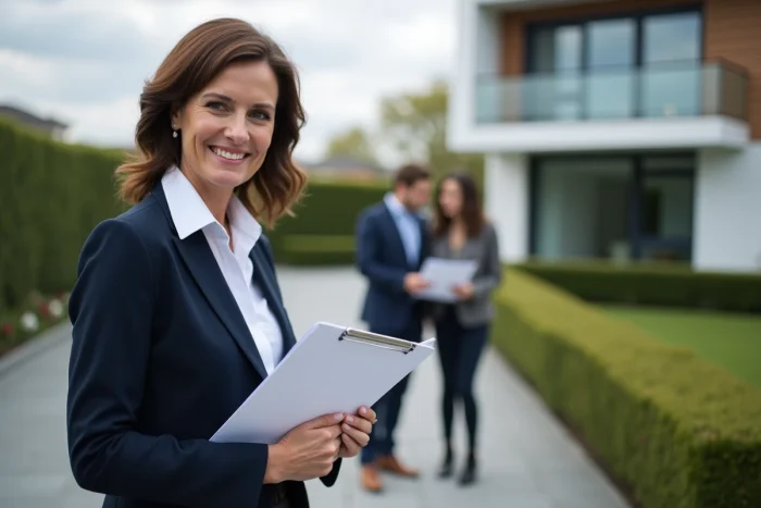 Agent immobilier présentant un projet immobilier à un couple devant une maison moderne