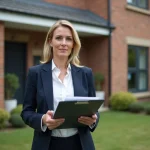 Agent immobilière professionnelle devant une maison résidentielle moderne avec panneau à vendre