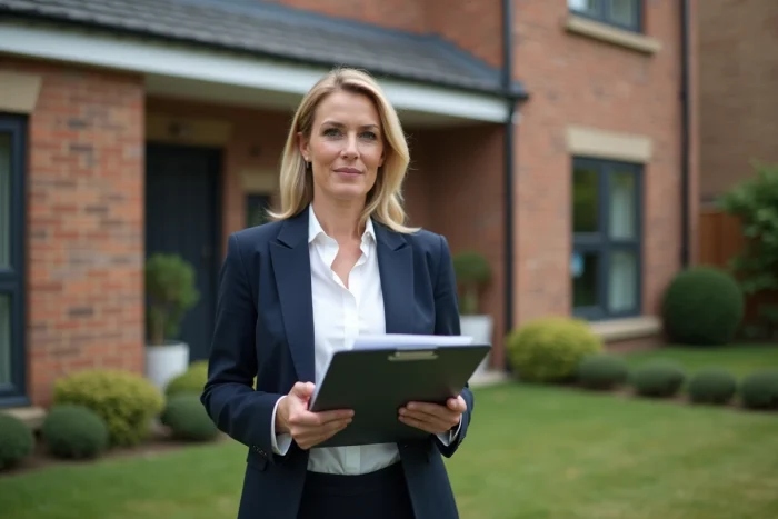Agent immobilière professionnelle devant une maison résidentielle moderne avec panneau à vendre
