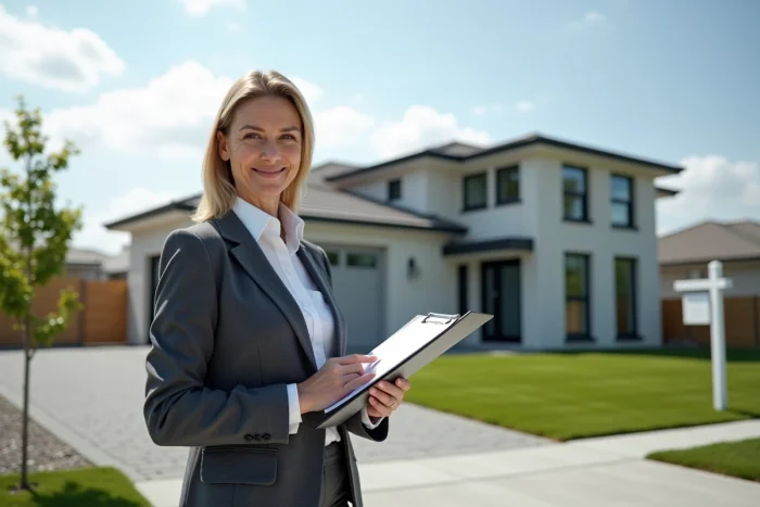 Agent immobilière professionnelle devant une maison neuve à vendre dans un quartier résidentiel moderne