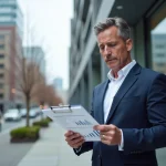 Agent immobilier analysant des prévisions de prix immobiliers devant un immeuble résidentiel moderne en 2027