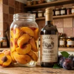 Bocal de fruits macérés dans de l'alcool 90 pour fruits Leclerc sur un plan de travail rustique en bois