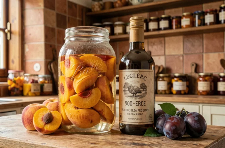 Bocal de fruits macérés dans de l'alcool 90 pour fruits Leclerc sur un plan de travail rustique en bois