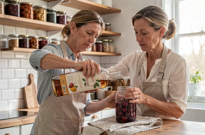 Femme versant de l'alcool 90 pour fruits Leclerc dans un bocal de cerises dans une cuisine française