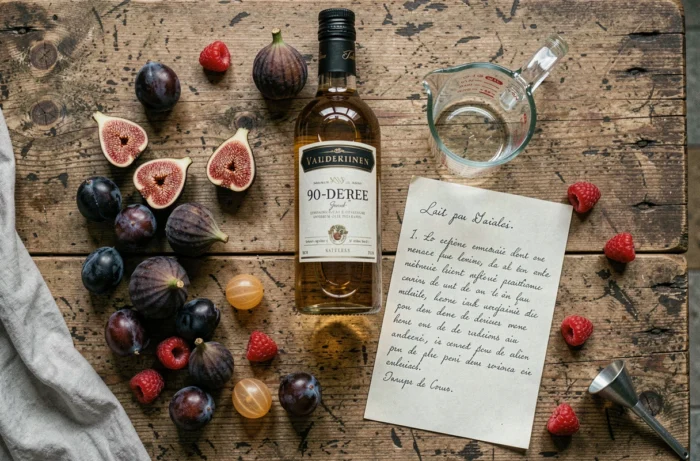 Vue de dessus d'une bouteille d'alcool 90 pour fruits Leclerc avec des fruits de saison et des accessoires de mise en bocaux
