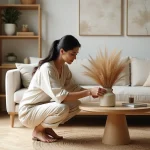 Femme aménageant un salon scandinave minimaliste avec des herbes de la pampa séchées et une table basse en bois
