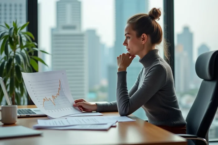 Analyste immobilière étudiant les tendances des prix du marché immobilier dans un bureau moderne