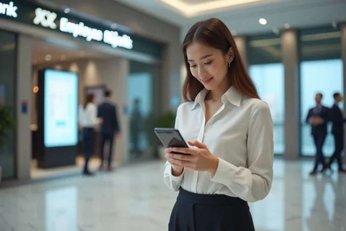 Jeune professionnelle consultant l'application Alis BNP Paribas sur smartphone dans un hall de banque moderne