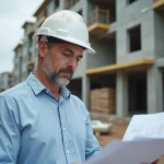 Architecte examinant des plans sur un chantier de construction résidentielle, illustrant l'assurance dommage ouvrage