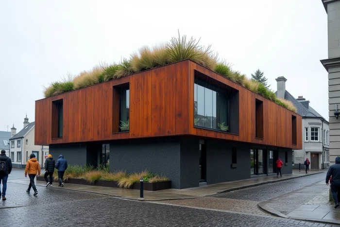Bâtiment architectural moderne à Tórshavn avec toit vivant en herbe alliant design contemporain et matériaux locaux