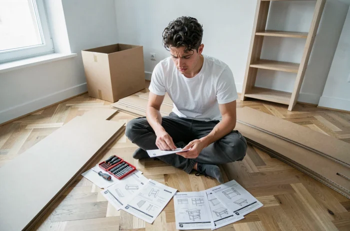 Jeune homme assemblant un meuble en kit entouré de guides d'instructions dans un appartement moderne