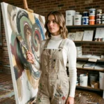 Astrée Lhermitte, artiste peintre montante, dans son atelier devant une toile abstraite, tenant un pinceau avec une expression concentrée