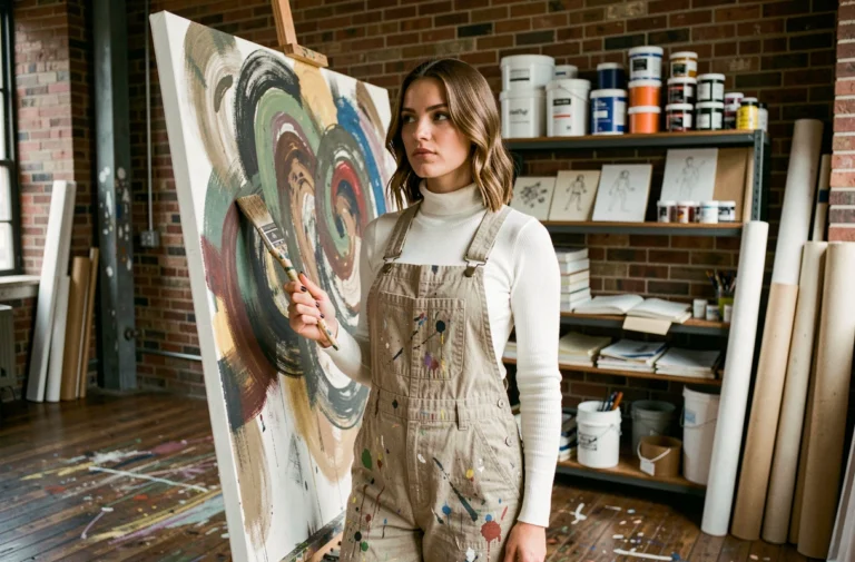 Astrée Lhermitte, artiste peintre montante, dans son atelier devant une toile abstraite, tenant un pinceau avec une expression concentrée