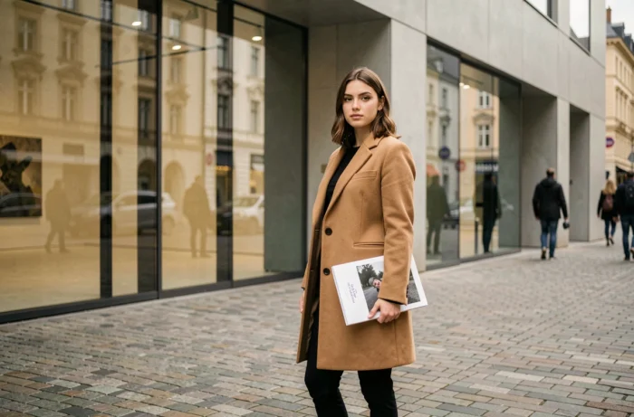 Astrée Lhermitte devant une galerie d'art contemporain, tenant un catalogue d'exposition, portrait en pied d'une artiste émergente en milieu urbain