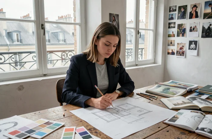 Portrait d'Astrée Lhermitte travaillant sur des croquis dans un studio parisien, entourée de références artistiques et de planches créatives