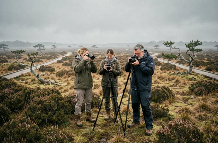 Groupe de photographes belges lors d'un atelier en plein air dans la réserve naturelle des Hautes Fagnes sous la brume