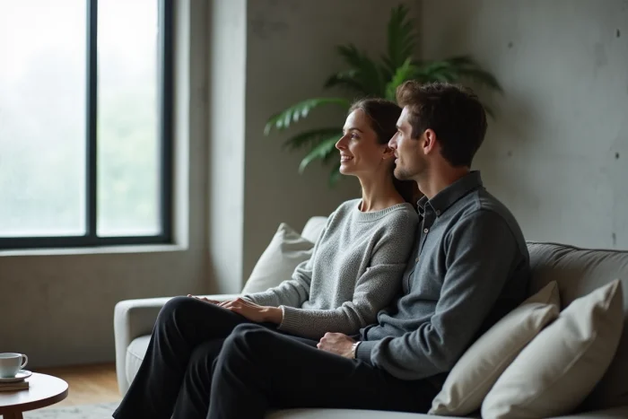 Femme orientant son corps vers son partenaire sur un canapé, langage corporel révélateur d'une attirance amoureuse