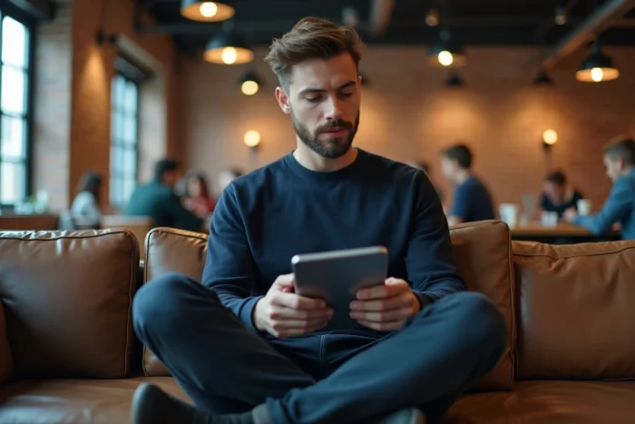 Homme blogueur consultant son contenu sur une tablette dans un espace de coworking tendance