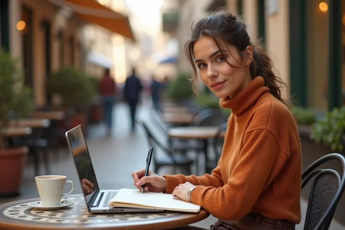 Jeune femme blogueuse écrivant dans son journal dans un café en terrasse parisien avec ordinateur portable