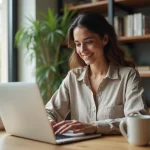 Blogueuse professionnelle travaillant sur son ordinateur portable dans un bureau à domicile moderne et organisé