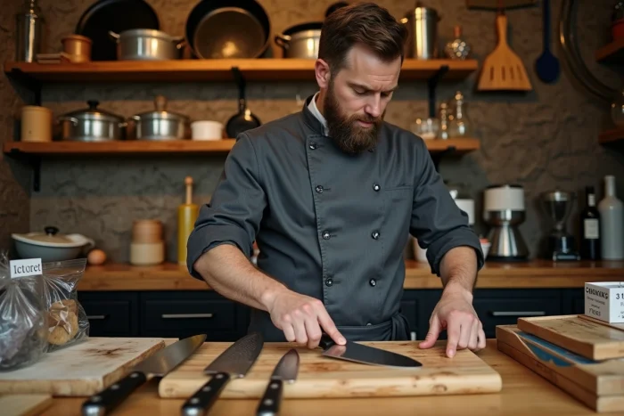 Vendeur expert disposant des couteaux de cuisine professionnels dans une boutique d'équipements culinaires rustique