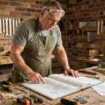 Bricoleur consulant un guide de bricolage complet dans un atelier en bois avec des outils organisés