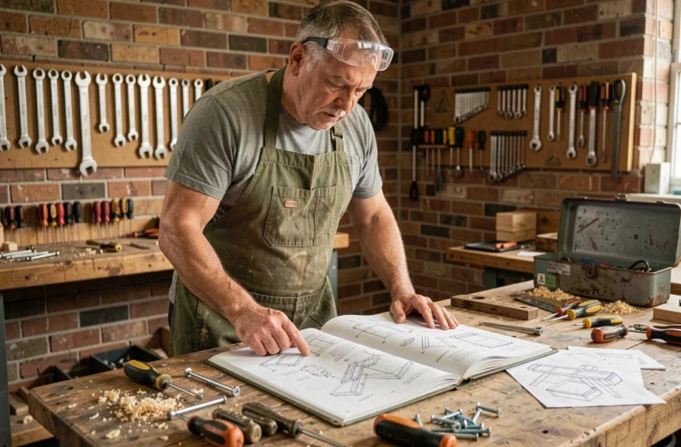 Bricoleur consulant un guide de bricolage complet dans un atelier en bois avec des outils organisés