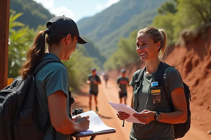Femme trail runner au bureau d'inscription de la Diagonale des Fous à La Réunion avec un bénévole