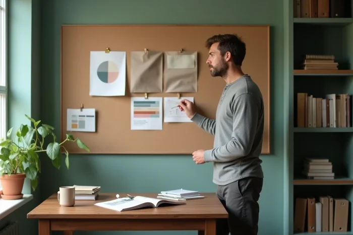 Homme décorant un bureau à domicile avec un tableau d'inspiration en liège et des échantillons de matériaux pour la décoration intérieure