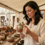 Femme examinant un article artisanal en céramique fabriqué en France sur un marché de créateurs locaux