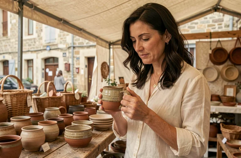 Femme examinant un article artisanal en céramique fabriqué en France sur un marché de créateurs locaux