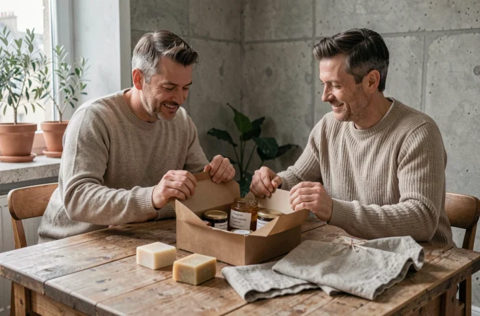 Couple déballant des cadeaux made in France composés de produits artisanaux et locaux dans un appartement parisien