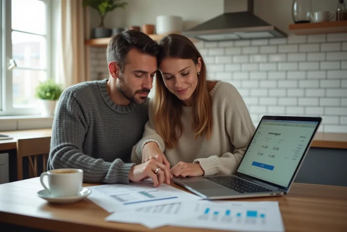 Couple anticipant les frais d'hypothèque autour d'une table de cuisine avec des documents immobiliers