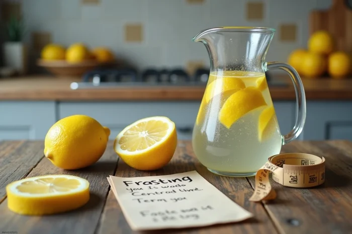 Vue en plongée d'une carafe d'eau citronnée avec un citron tranché et un programme de jeûne intermittent sur bois rustique