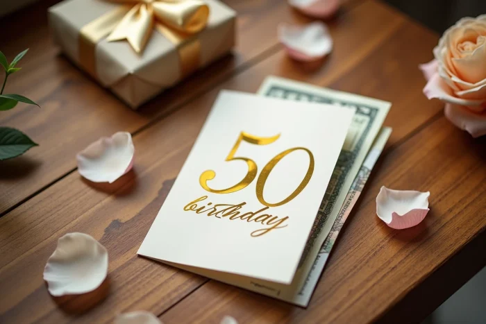 Carte d'anniversaire 50 ans avec billets de banque et bon cadeau sur une table en bois rustique