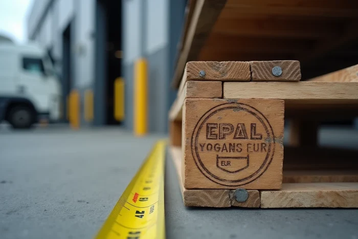 Gros plan sur les marquages de certification EPAL et EUR estampillés sur les blocs d'une palette Europe en bois vieilli
