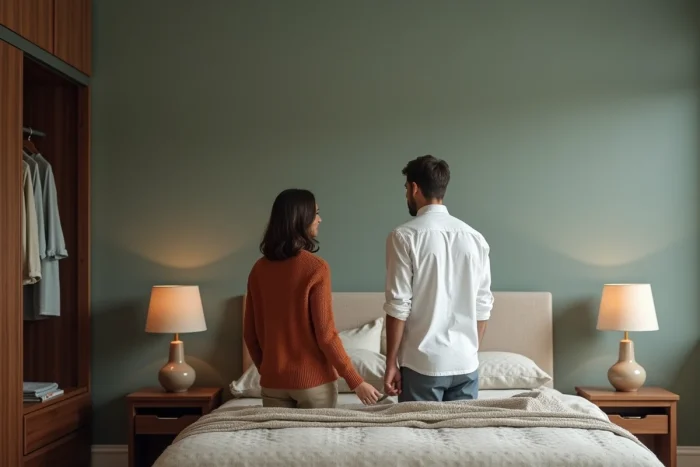Couple aménageant une chambre confortable avec mobilier en bois et literie en lin