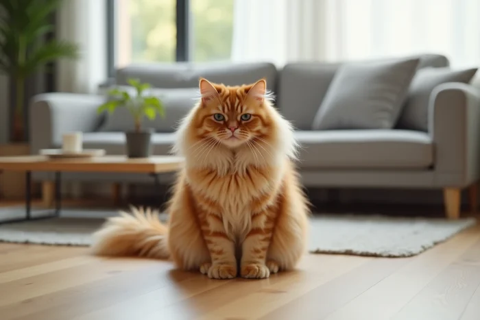 Chat persan roux se traînant les fesses sur le parquet d'un appartement moderne
