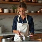 Femme évaluant une casserole en acier inoxydable dans une cuisine équipée aux plans de travail en marbre