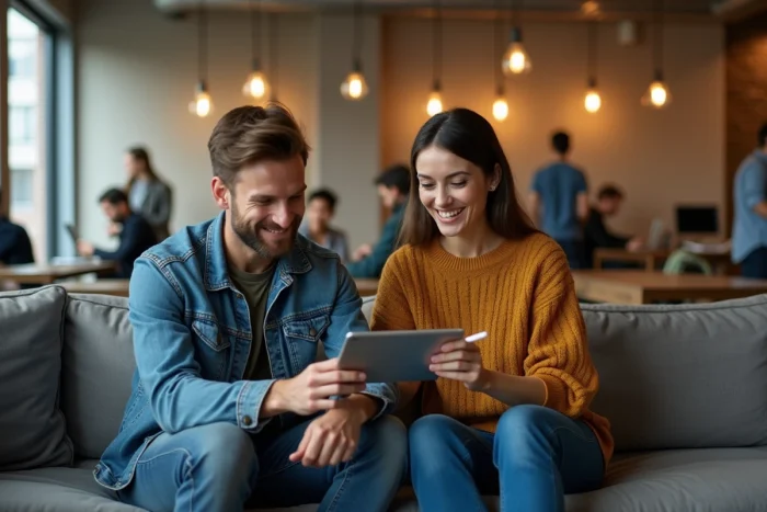 Deux collègues collaborant sur une tablette numérique dans un espace de coworking moderne