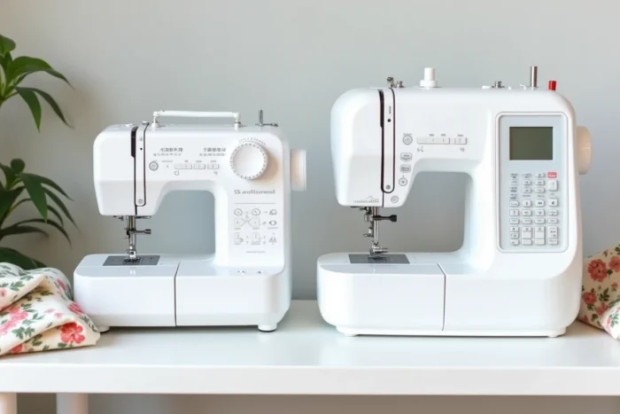 Comparaison de deux machines à coudre côte à côte, modèle mécanique et modèle informatisé, sur une table en bois blanc