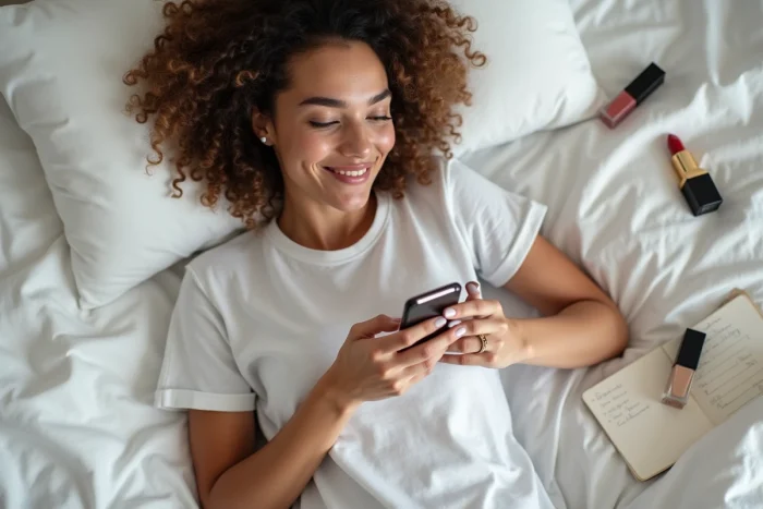 Jeune femme comparant des produits de beauté sur son téléphone depuis son lit entourée de cosmétiques