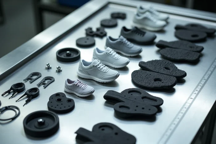 Vue éclatée des composants d'une chaussure Skechers : semelle, mousse EVA, tige en maille et lacets sur table industrielle